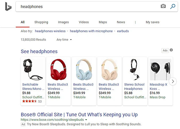 Bing headphones search engine result page