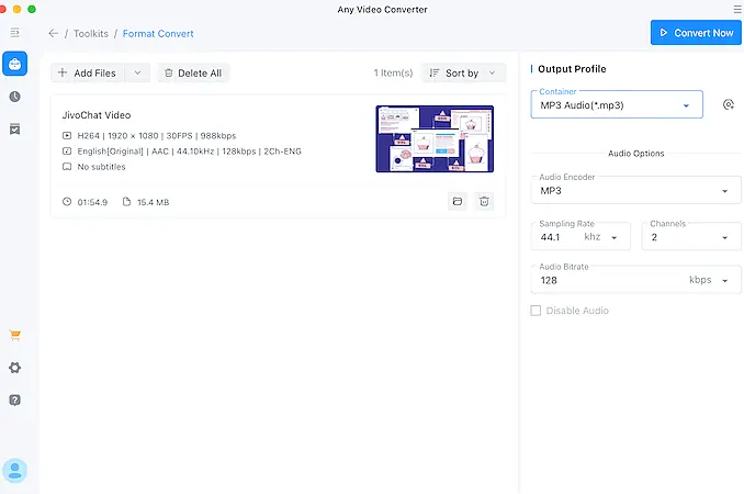 Any Video Converter software displaying format conversion settings to export a video file as MP3 audio.