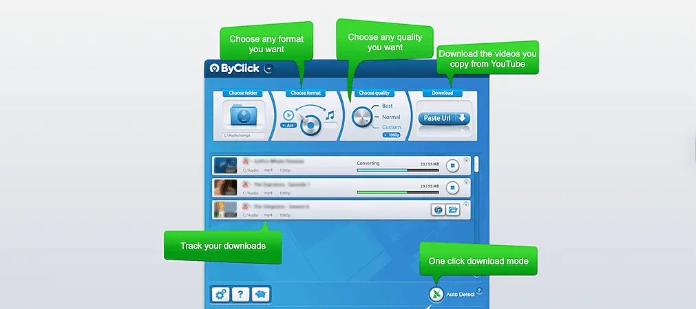 ByClick Downloader interface showing options to choose format and quality when converting YouTube videos to MP3.