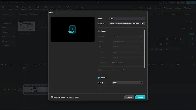 CapCut export screen showing audio format set to MP3 for saving a video project as an MP3 file.