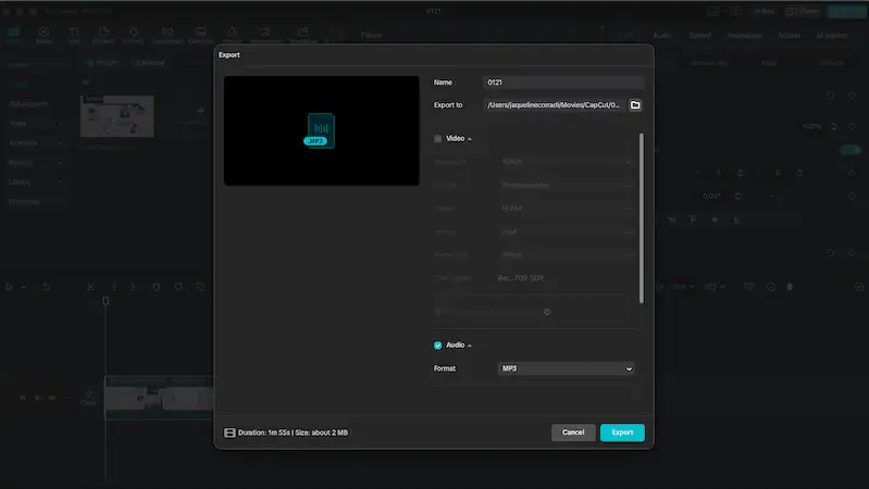 CapCut export screen showing audio format set to MP3 for saving a video project as an MP3 file.