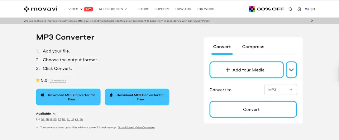 Movavi MP3 Converter web interface with upload and convert options for turning media files into MP3.
