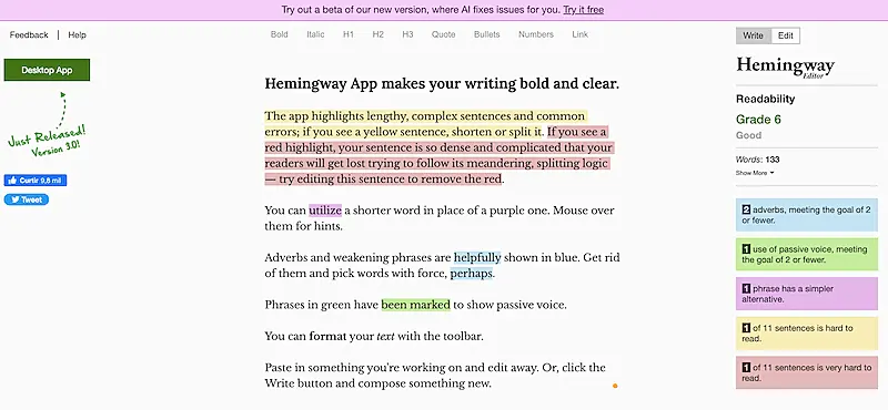 Hemingway Editor home page