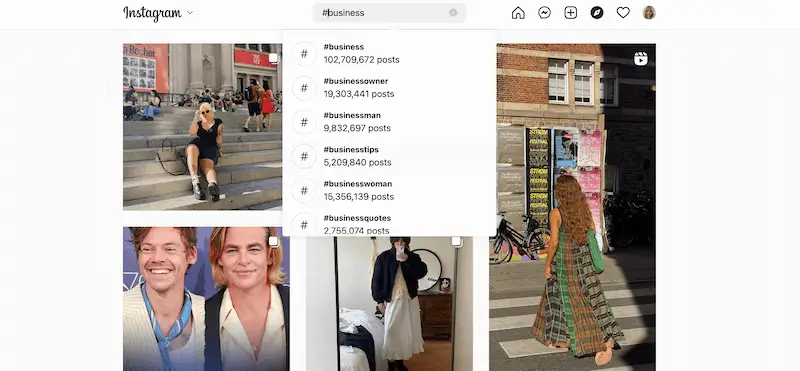 Best Instagram hashtags for followers - search hashtags on the computer Instagram search results page of the word business on a desktop computer