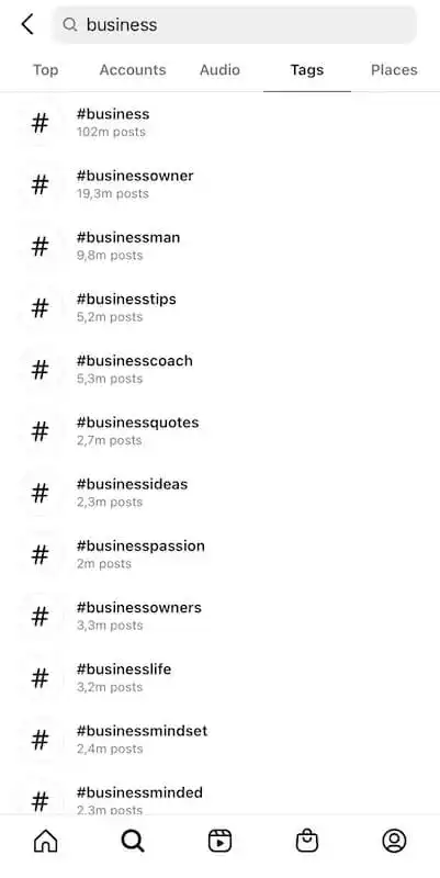 Best Instagram hashtags for followers - search hashtags The image shows Instagram app search results for the word business.