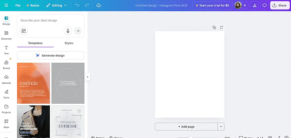 Canva design editor interface showing a blank Instagram post canvas with templates, elements, text, and brand tools in the left sidebar.