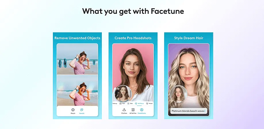 Facetune feature overview screen highlighting tools for removing unwanted objects, creating professional headshots, and styling hair with AI.