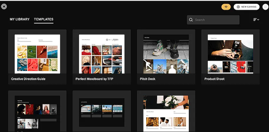VSCO workspace displaying template previews such as pitch decks and product shoots in a dark interface with a search bar at the top.