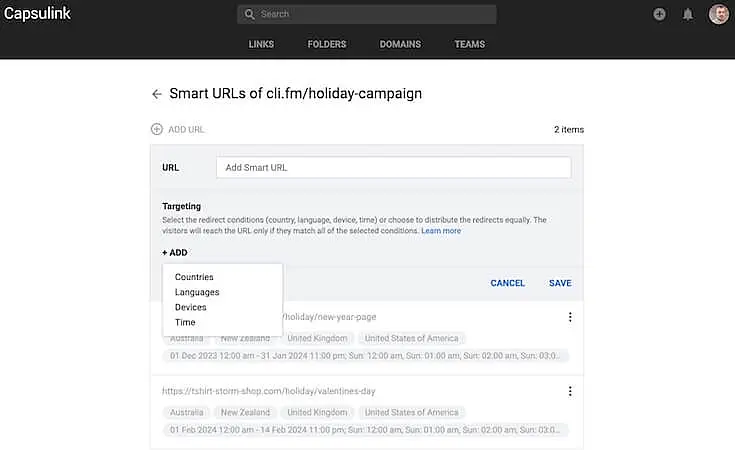 Capsulink smart URL redirect settings