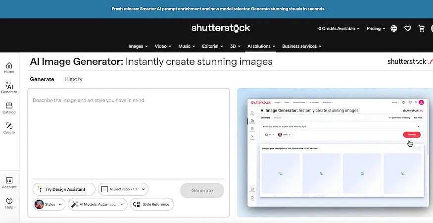 Shutterstock AI Image Generator page with a prompt box and preview section for generating visual content using AI.