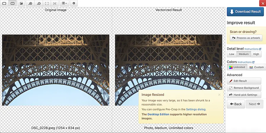 Vector Magic interface comparing original photo and vectorized result of the Eiffel Tower structure with editing options.