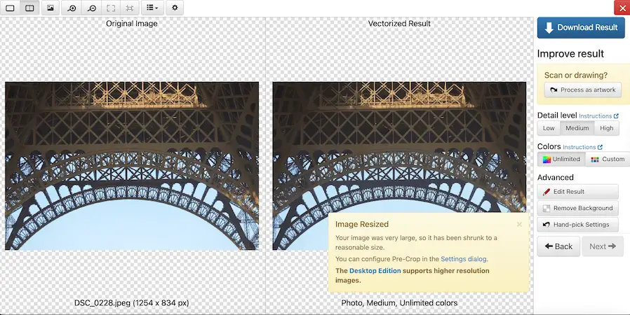 Vector Magic interface comparing original photo and vectorized result of the Eiffel Tower structure with editing options.