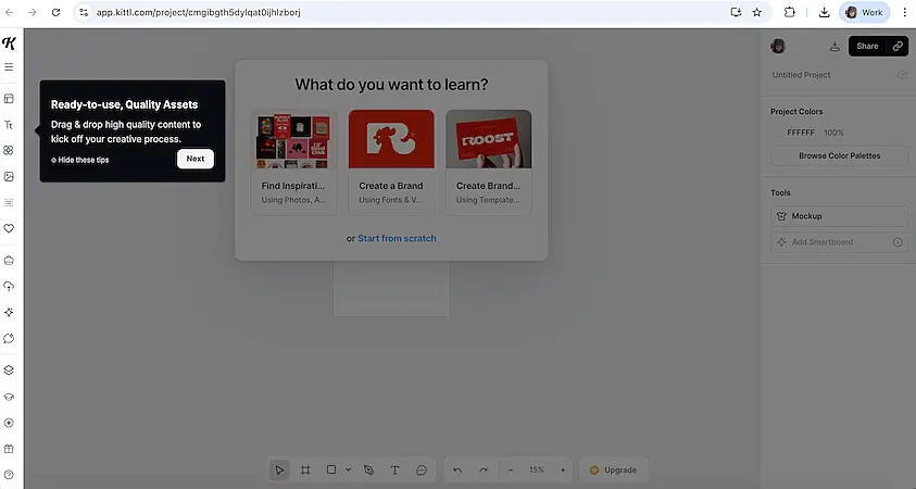 Kittl design interface with options to create branding or start from scratch, showing a blank workspace and tips panel.