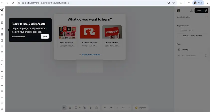 Kittl design interface with options to create branding or start from scratch, showing a blank workspace and tips panel.