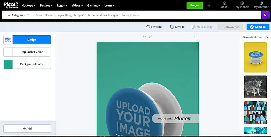 Mockup tool on Placeit showing a pop socket design with "Upload your image" placeholder on a teal background.