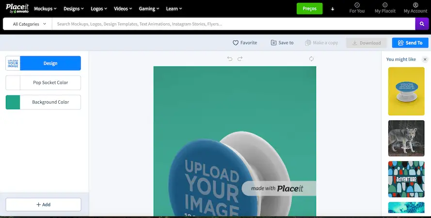Mockup tool on Placeit showing a pop socket design with "Upload your image" placeholder on a teal background.