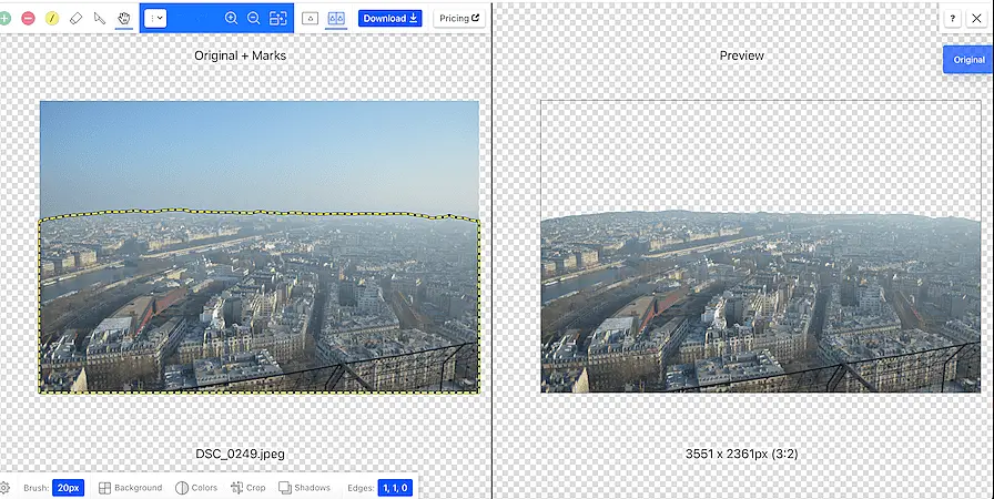 Image editing tool removing background from a cityscape photo with marked selection and preview of transparent result.