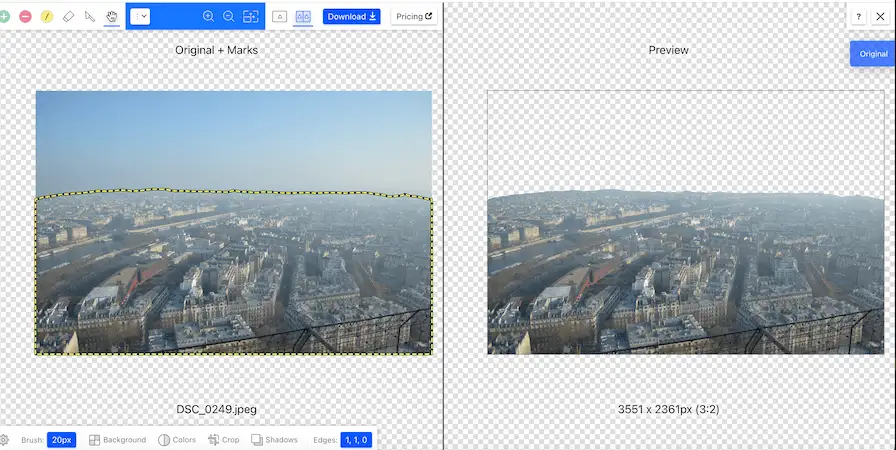 Image editing tool removing background from a cityscape photo with marked selection and preview of transparent result.