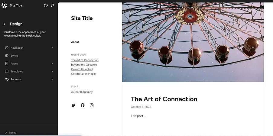 WordPress site editor showing a minimal blog layout called "The Art of Connection" with navigation and design tools.