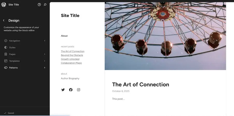 WordPress site editor showing a minimal blog layout called "The Art of Connection" with navigation and design tools.