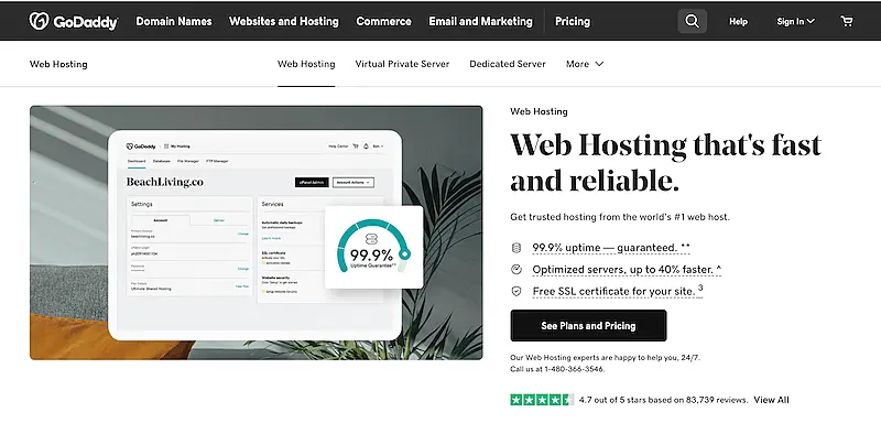 GoDaddy web hosting page