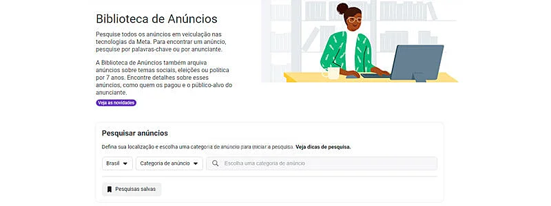captura de tela da pagina inicial da biblioteca de anuncios do facebook