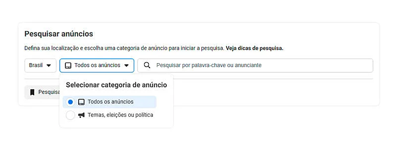 captura de tela da barra de pesquisa da biblioteca de anúncios com o item "Todos os anúncios" selecionado