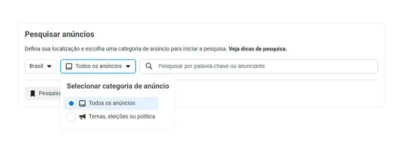 captura de tela da barra de pesquisa da biblioteca de anúncios com o item "Todos os anúncios" selecionado