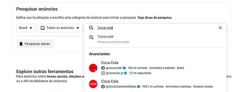 captura de tela do texto "Coca-cola" na barra de pesquisa da biblioteca de anúncios