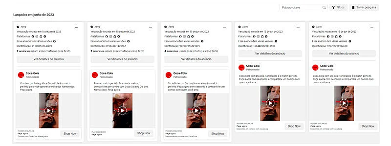 captura de tela do resultado da busca "coca-cola" na biblioteca de anúncios