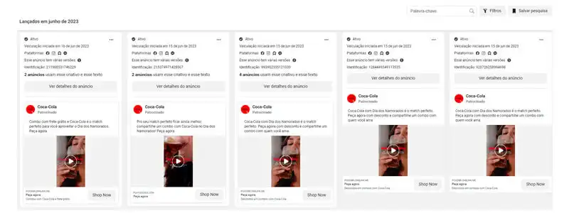 captura de tela do resultado da busca "coca-cola" na biblioteca de anúncios