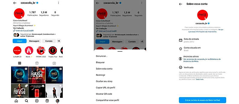 3 capturas de tela mostrando o passo a passo de como acessar a biblioteca de anuncios pelo instagram