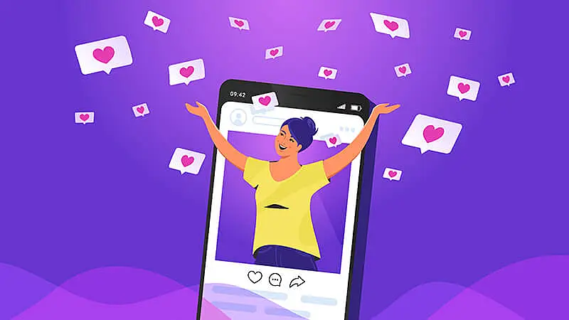 Ilustração de uma pessoa em um Instagram e vários balões de coração