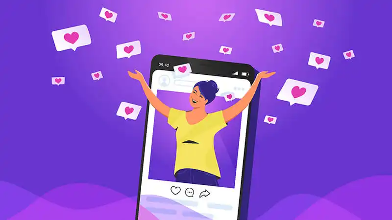 Ilustração de uma pessoa em um Instagram e vários balões de coração