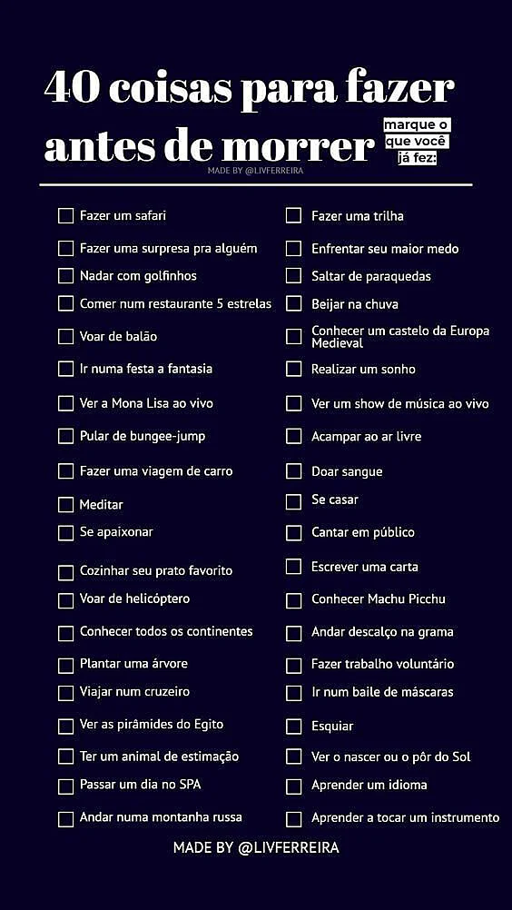 Imagem para postar na brincadeira de 40 coisas