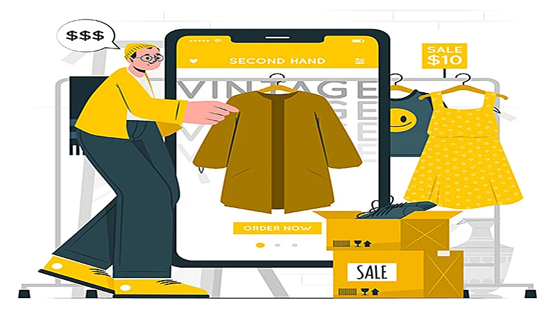 Ilustração de uma pessoa escolhendo uma roupa na tela do celular