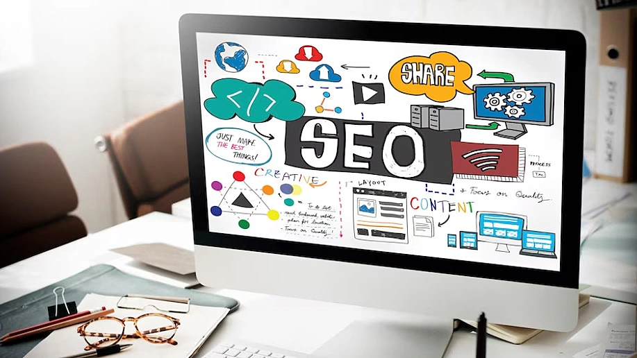 Pantalla de ordenador con ilustración de SEO