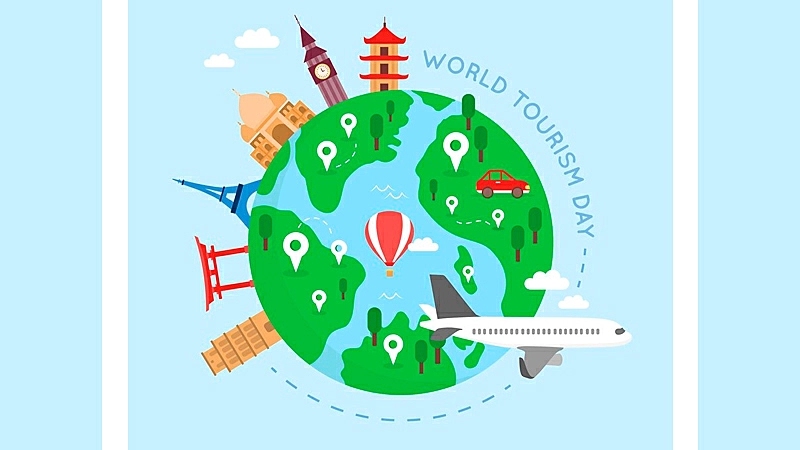 Ilustração de um notebook com o planeta Terra e vários ícones de avião