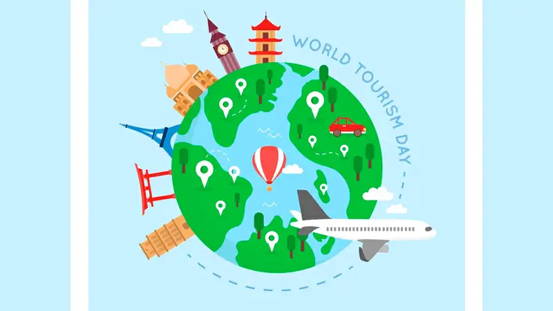Ilustração de um notebook com o planeta Terra e vários ícones de avião