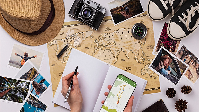 Foto de uma pessoa fazendo anotações e uma mesa com mapa, câmera, passaporte