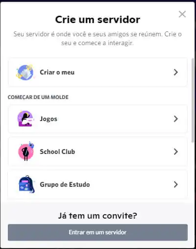 Bot de música Discord Tela para criar novo servidor
