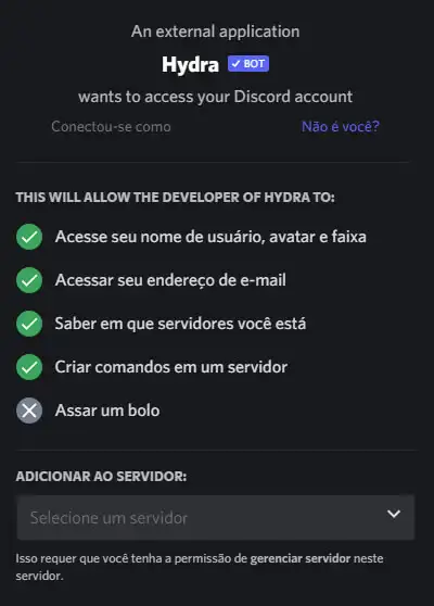 Bot de música Discord Tela de permissão do Hydra Bot