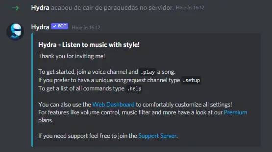 Bot de música Discord Mensagem do Bot ao ser adicionado no canal do Discord