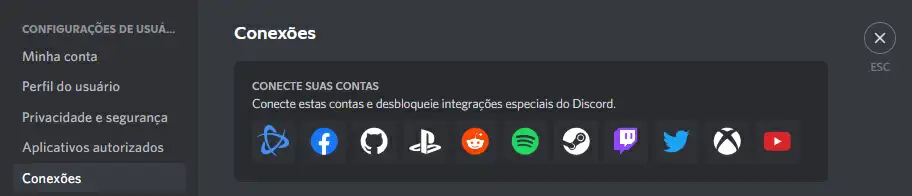 Bot de música Discord Menu de conexões do Discord