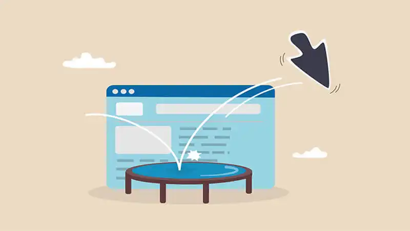 Bounce Rate Ilustração de uma pagina ao fundo e uma seta pulando na cama elástica