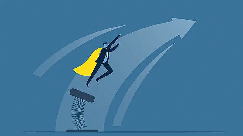 Ilustração de uma pessoa pulando numa cama elástica e uma pagina ao fundo