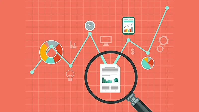 Ilustração de uma tela com gráfico e uma lupa
