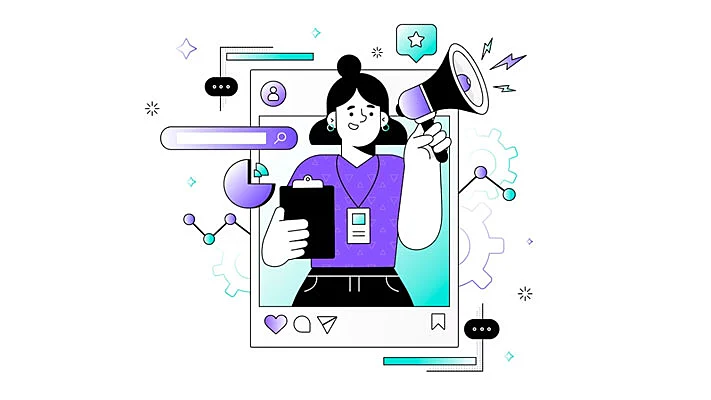 Ilustración-conpecto de una mujer publicitando una empresa en instagram