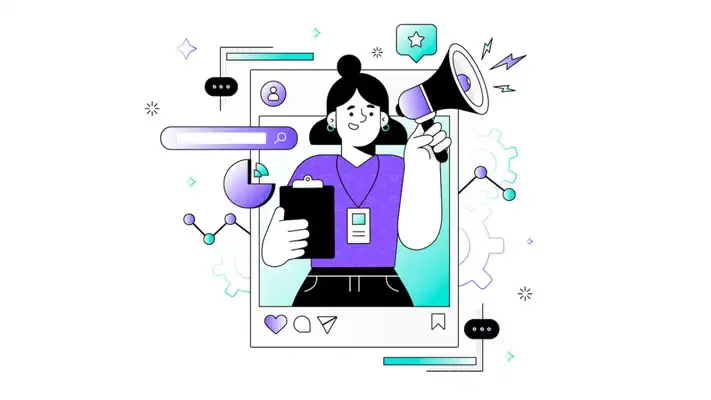 Ilustración-conpecto de una mujer publicitando una empresa en instagram