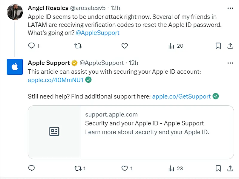 Apple tweet answering a customer